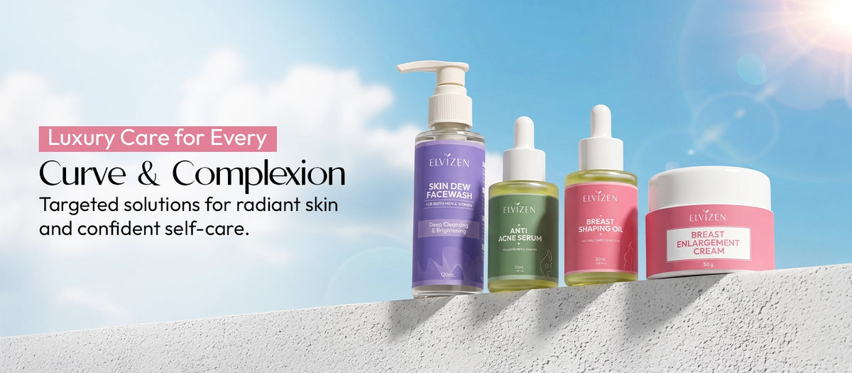 Elvizen luxury skincare and body care products featuring anti acne serum, face wash, breast shaping oil and firming cream